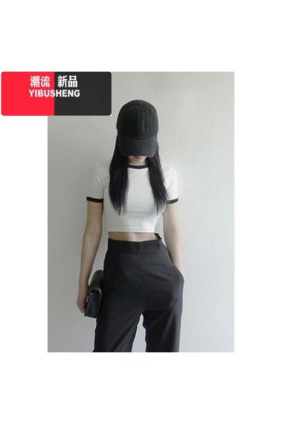YIBUSHENG季新款韩版白色短款短袖t恤女露脐高腰性感简约紧身上衣服