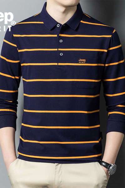 JEEP SPIRIT吉普男士翻领POLO衫夏装新款长袖条纹T恤