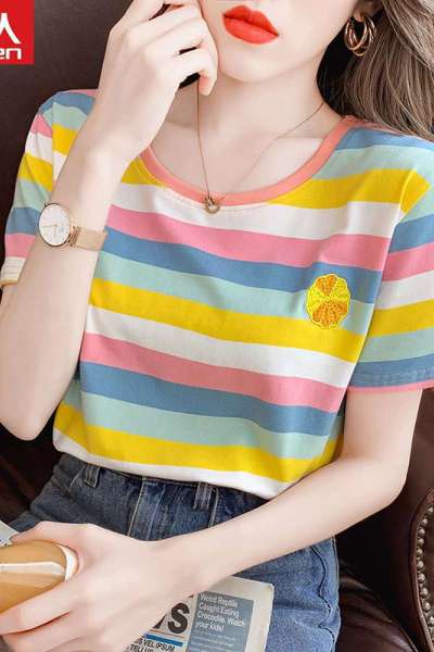 盐系短袖T恤女宽松新款潮韩版条纹衣服ins上衣