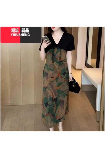 YIBUSHENG季洋气连衣裙女2024新款时尚气质宽松遮肚子印花拼接中长款裙子