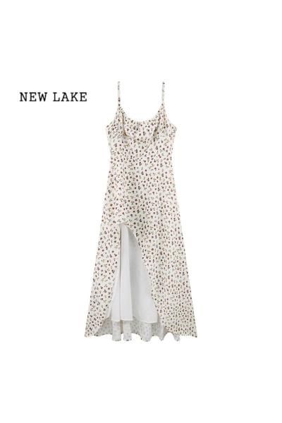 NEW LAKE法式茶歇气质不规则设计感连衣裙女夏季叠穿掐腰裙碎花吊带长裙子