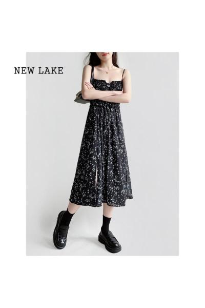 NEW LAKE120斤的大杨 黑色碎花连衣裙女小个子法式复古气质胖mm显瘦吊带裙
