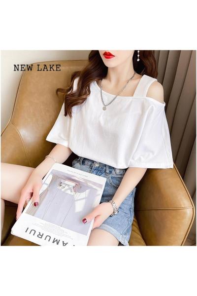 NEW LAKE设计感小众短袖t恤女夏季韩版宽松ins小个子个性露肩性感上衣服潮