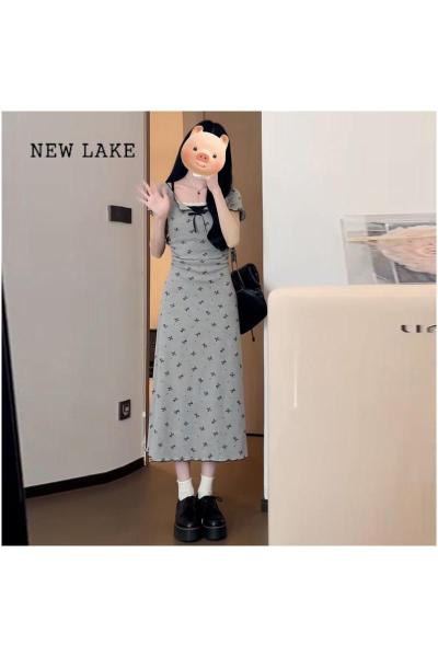 NEW LAKE法式收腰灰色碎花连衣裙女夏季2024新款裙子显瘦假两件小个子长裙