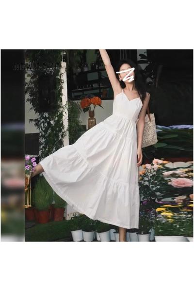 NEW LAKE法式白色v领吊带连衣裙子女夏季2024新款收腰设计感小众气质长裙