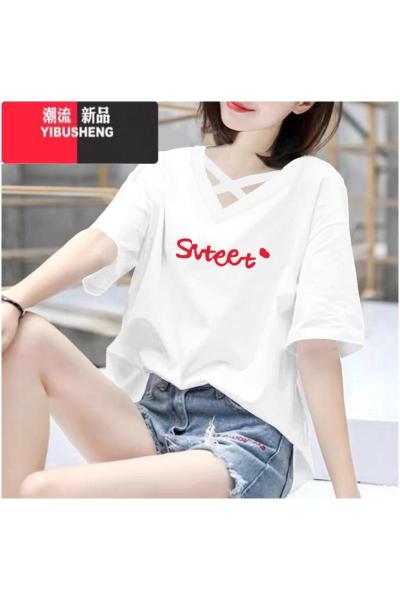 YIBUSHENG短袖t恤女士季新款胭脂粉韩版大码宽松百搭设计感v领上衣服