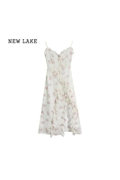 NEW LAKE法式高级感纯欲碎花吊带连衣裙子女收腰气质小众设计温柔长裙夏季