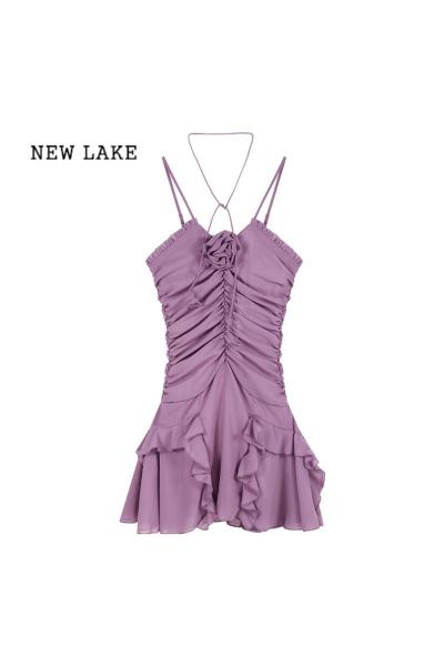 NEW LAKE荷叶边紫色吊带连衣裙女装夏季收腰性感a字短裙褶皱v领不规则裙子