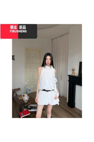 YIBUSHENGBaiYaShan/ 小众设计感花苞背心短裙女季辣妹挂脖连衣裙