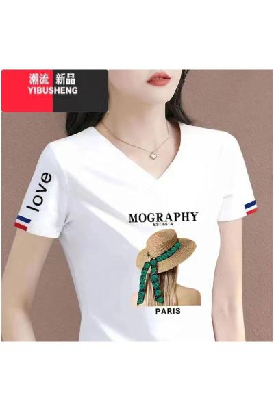 YIBUSHENG韩系2024季新款白色V领短袖t恤女韩版宽松显瘦时尚百搭上衣