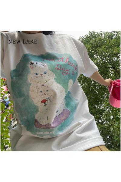 NEW LAKE晚睡/爱上波斯猫原创自制夏季青春短袖可爱宽松印花韩系小众t恤女
