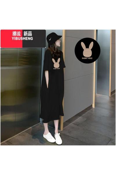 YIBUSHENG2024年新款季t恤裙子宽松大码显瘦短袖连衣裙女装开叉长裙