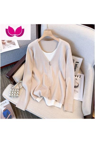 七斓大码时尚休闲套装女春装显瘦独特设计假针织衫上衣穿搭一整套