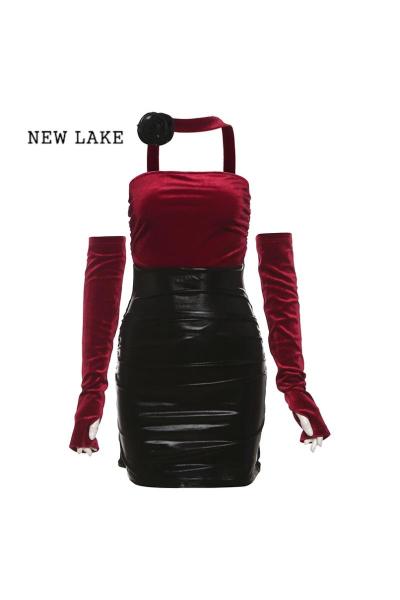 NEW LAKE气质御姐拼接设计感裹胸连衣裙女袖套显瘦性感包臀抹胸裙子