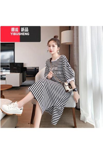 YIBUSHENG甜酷风ins韩版设计感宽松显瘦连衣裙女装2024火短袖条纹T恤裙