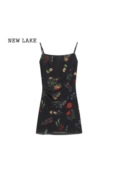NEW LAKE复古碎花吊带连衣裙女夏季新款纯欲风性感中长款收腰显瘦包臀裙子
