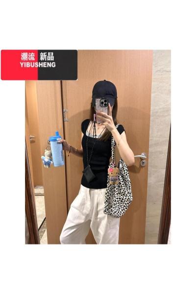 YIBUSHENG美式黑色针织方领正肩短袖t恤女季修身显瘦收腰甜辣妹短款上衣