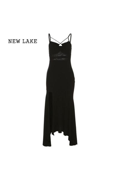 NEW LAKE 法式御姐风黑色镂空吊带连衣裙女不规则开叉显瘦包臀鱼尾裙