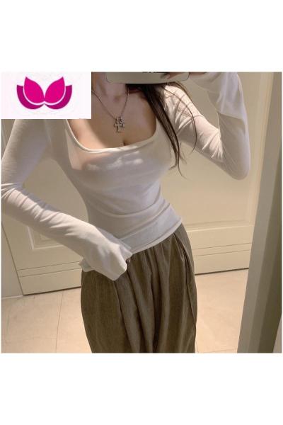 七斓性感露锁骨U领白色t恤女春装辣妹紧身内搭弹力御姐上衣长袖打底衫