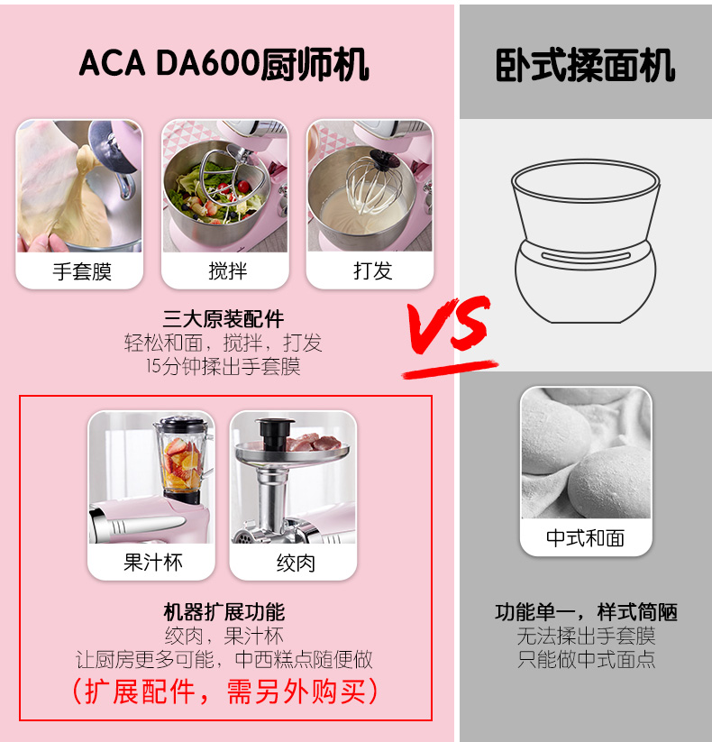 aca北美电器厨师机和面机揉面机家用小型4l搅拌烘焙da600 asm-m10a石