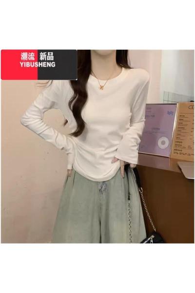 YIBUSHENG春薄款修身收腰t恤女长袖显瘦短款小个子圆领内搭打底衫上衣
