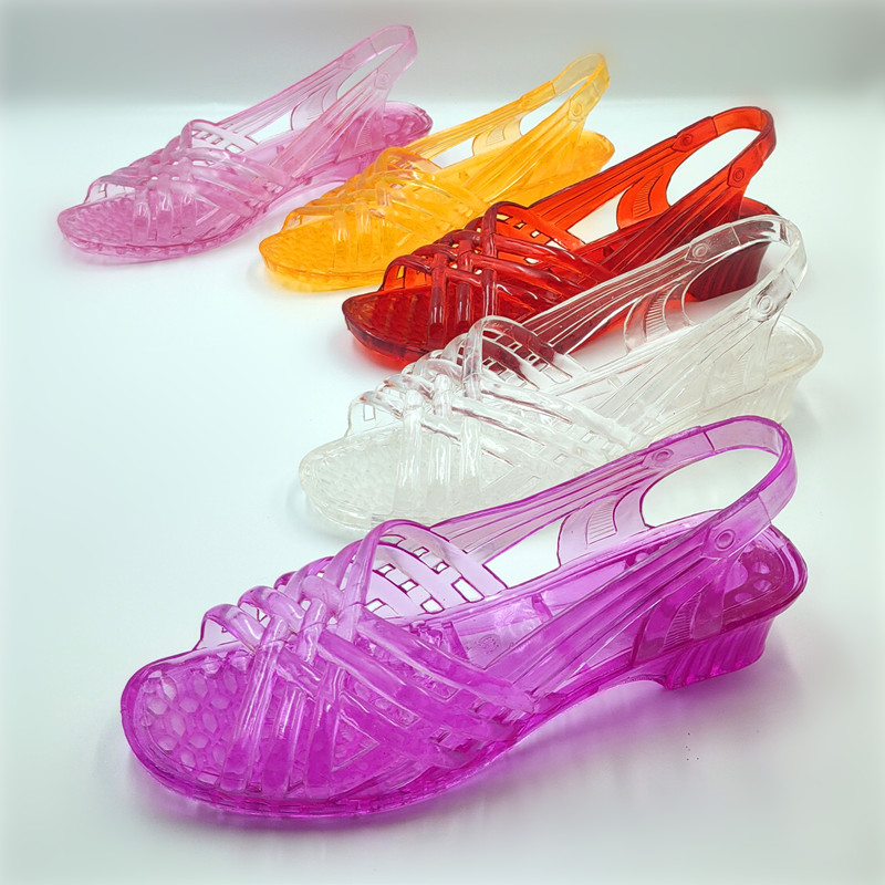 2020女坡跟塑料奶奶拖鞋果冻鞋透明水晶鞋纯色夏季沙滩鞋 灰色 公主鞋