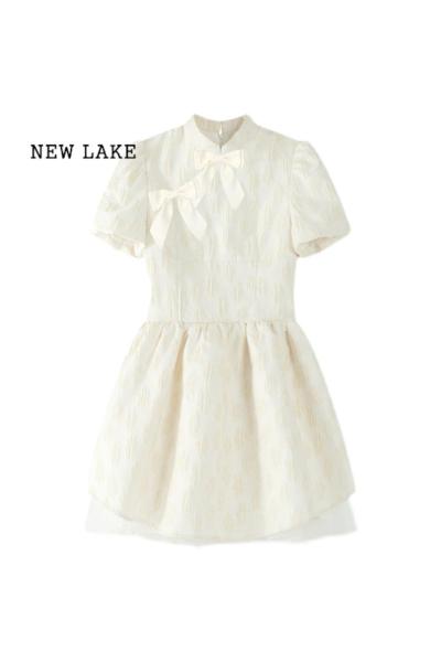 NEW LAKE2024夏季新款盐甜系新中式白色连衣裙小众收腰在逃公主蓬蓬裙子女