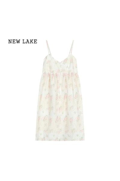 NEW LAKE甜美风花朵印花镂空吊带连衣裙女夏季气质减龄A字裙短裙