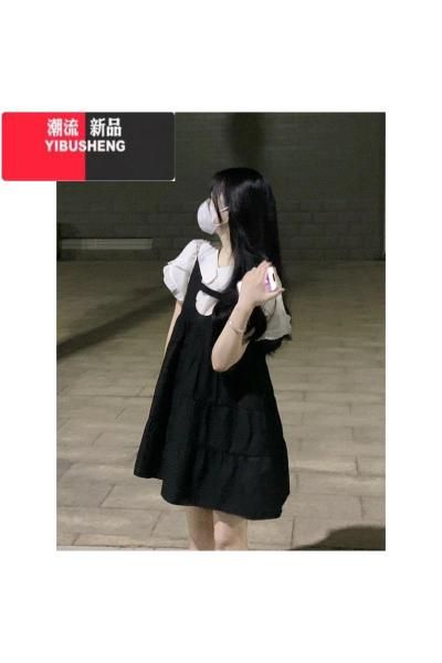 YIBUSHENG学院风小个子甜酷穿搭蓬蓬裙黑色背带连衣裙衬衫活泼俏皮两件套装