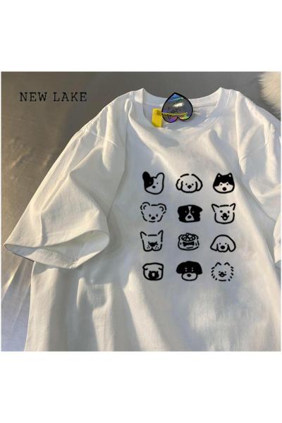 NEW LAKE2024韩版纯棉短袖T恤女装夏季新款可爱小狗印花宽松显白时尚上衣