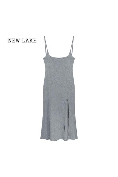 NEW LAKE性感蕾丝露背吊带连衣裙女夏季灰色修身包臀裙开叉收腰纯欲长裙子