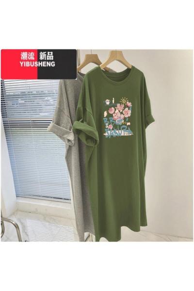 YIBUSHENG胖mm300斤季韩版宽松休闲短袖T恤裙潮特大码减龄中长款连衣裙女