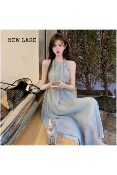 NEW LAKE2024新款高级感气质长裙温柔风吊带裙蓝色连衣裙子显瘦女夏季女装