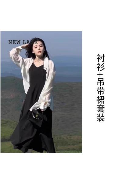 NEW LAKE夏装搭配一整套梨形身材黑色吊带连衣裙子女夏季2024新款法式长裙