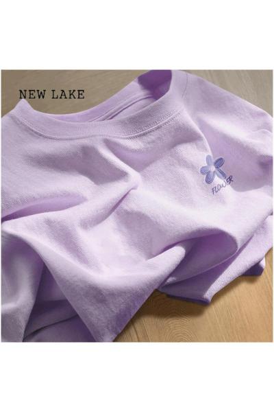 NEW LAKE纯棉紫色短袖t恤女2024年新款夏季女装宽松半袖内搭打底衫上衣服