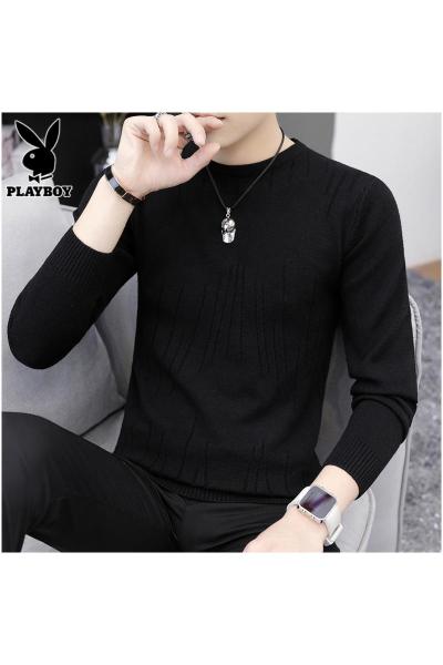 花花公子圆领毛衣男士秋季新款潮流打底针织衫潮流黑色宽松线衣男