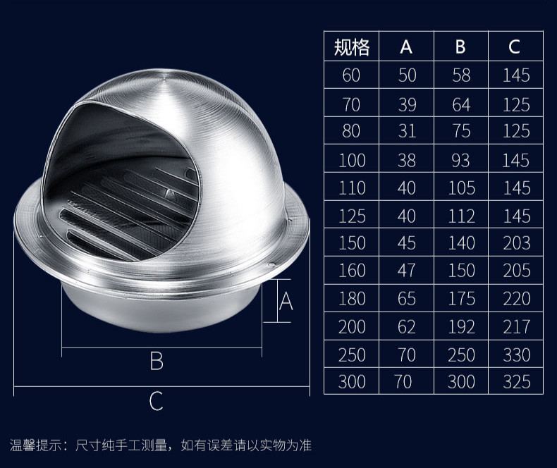 定做 浴霸换气扇不锈钢外墙风帽防虫网罩不锈钢排风帽80mm 180mm