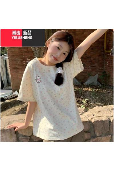 YIBUSHENG甜美碎花短袖猫咪刺绣t恤女季显瘦休闲港风ins韩版学生上衣潮
