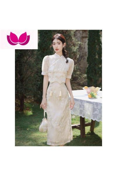 七斓2023新中式国风复古小洋装改良旗袍年轻款少女套装裙夏小个子