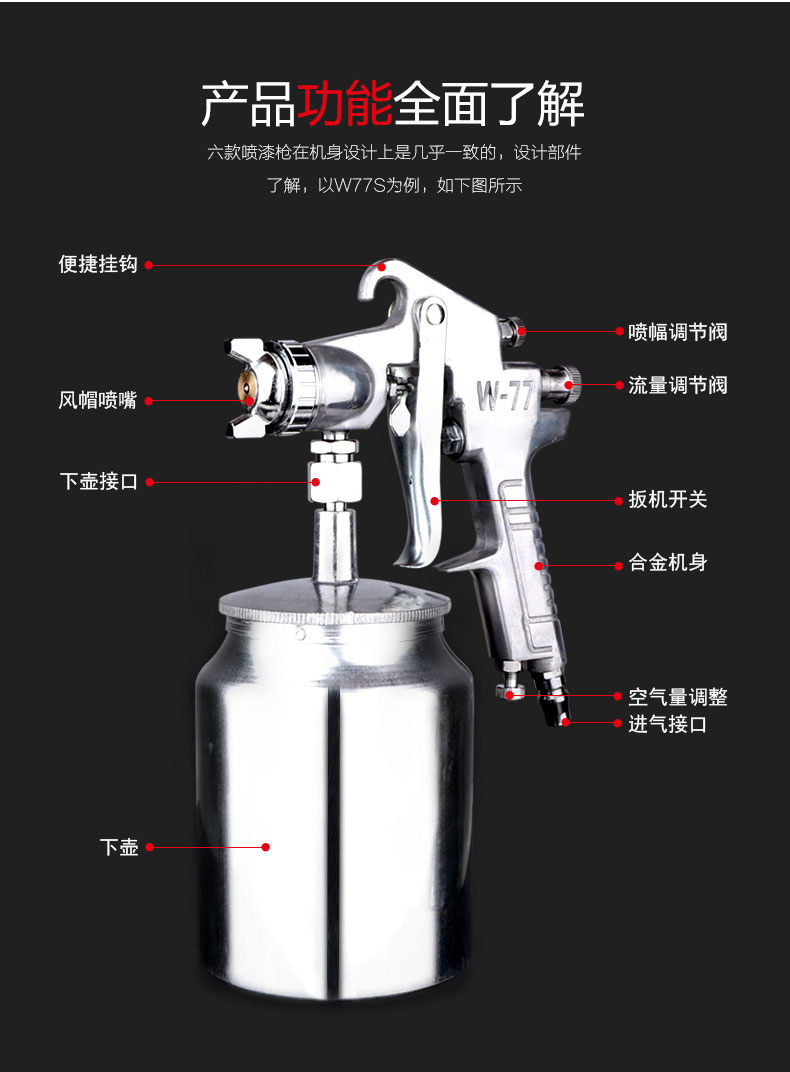 77上下壶喷枪油漆喷枪高雾化家具木器汽车油漆气动喷漆枪 f-75g上壶