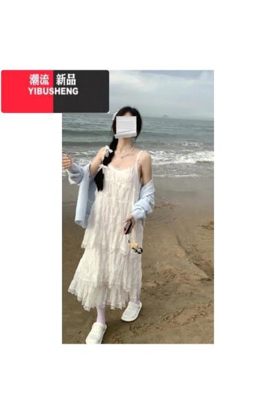 YIBUSHENG白色吊带连衣裙女2024春季新款海边度假风蛋糕裙沙滩小个子长裙