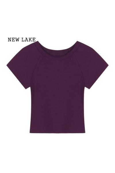 NEW LAKEchic甜辣妹纯欲紫色正肩短袖T恤女装夏季紧身显瘦打底衫短款上衣
