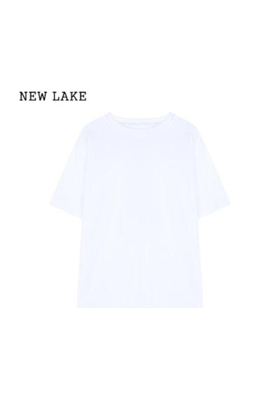 NEW LAKE白色百搭短袖T恤女装2024夏季新款简约纯色半袖宽松休闲黑色上衣