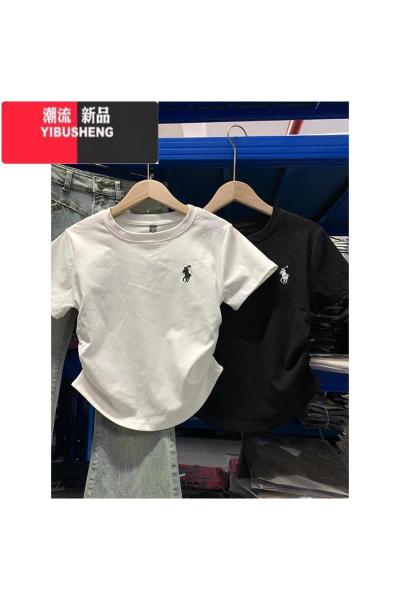 YIBUSHENG设计感小众刺绣褶皱正肩短袖T恤女美式短款修身体恤上衣服