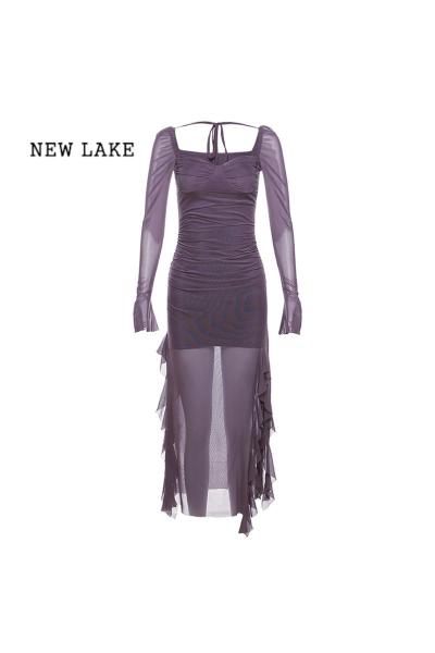 NEW LAKE 气质辣妹风绝绝紫方领连衣裙女荷叶边拼接开叉显身材中长裙