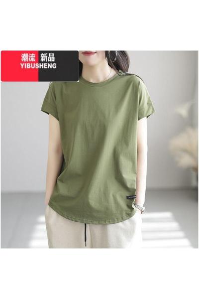 YIBUSHENG2024新款T恤女装短袖圆领时尚休闲文艺简约宽松复古上衣体恤女