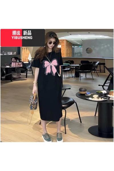 YIBUSHENG慵懒风t恤裙女2024年季新款欧货大码胖mm宽松中长款过膝连衣裙