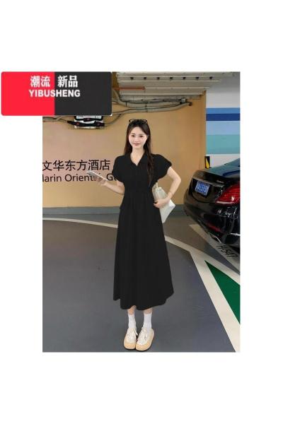 YIBUSHENG大码工装连衣裙女季收腰显瘦POLO领长裙微胖MM小众短袖衬衫裙子