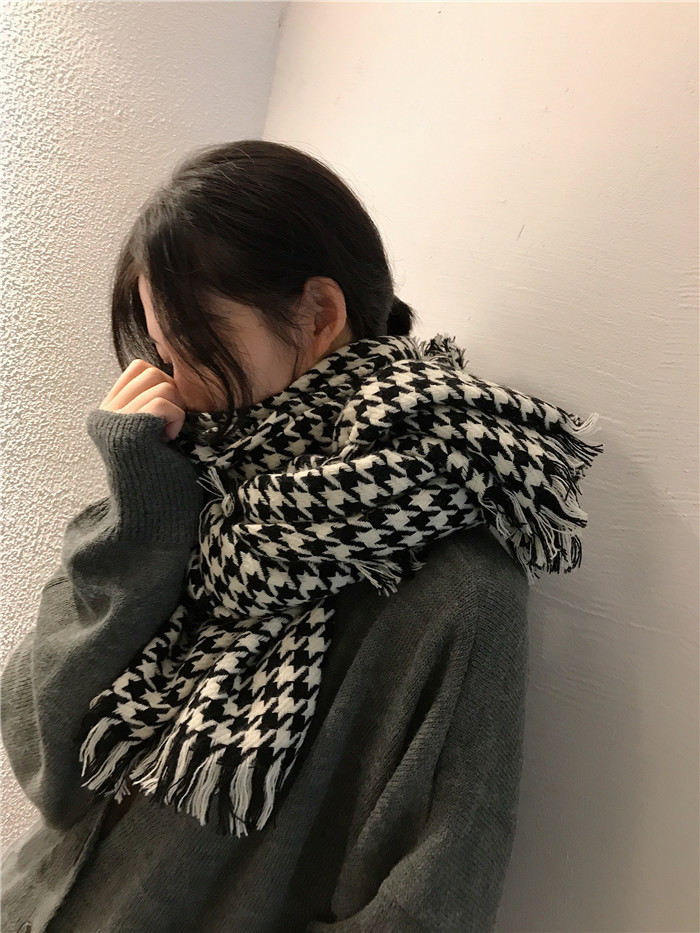 suntek韩版秋冬千鸟格子围巾女双面仿黑白空调大披肩保暖长款两用