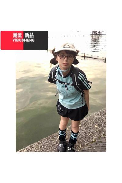 YIBUSHENG美式复古甜酷正肩短袖t恤女季修身显瘦多巴胺撞色插肩辣妹上衣